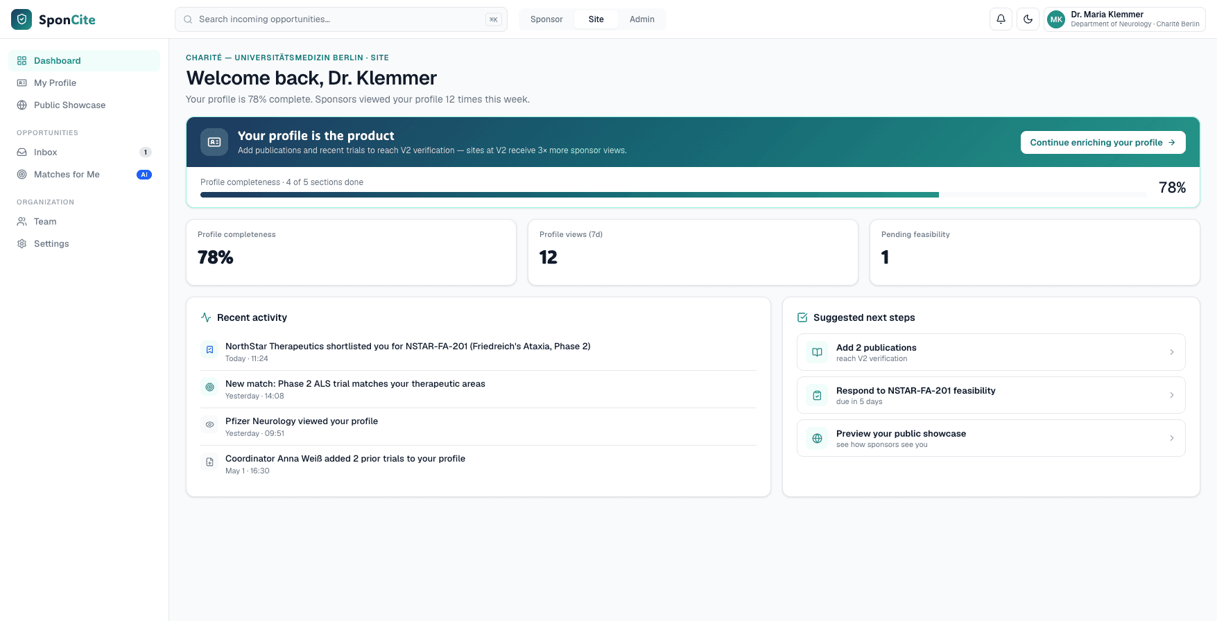 SponCite Site dashboard showing profile readiness, recent activity and next steps