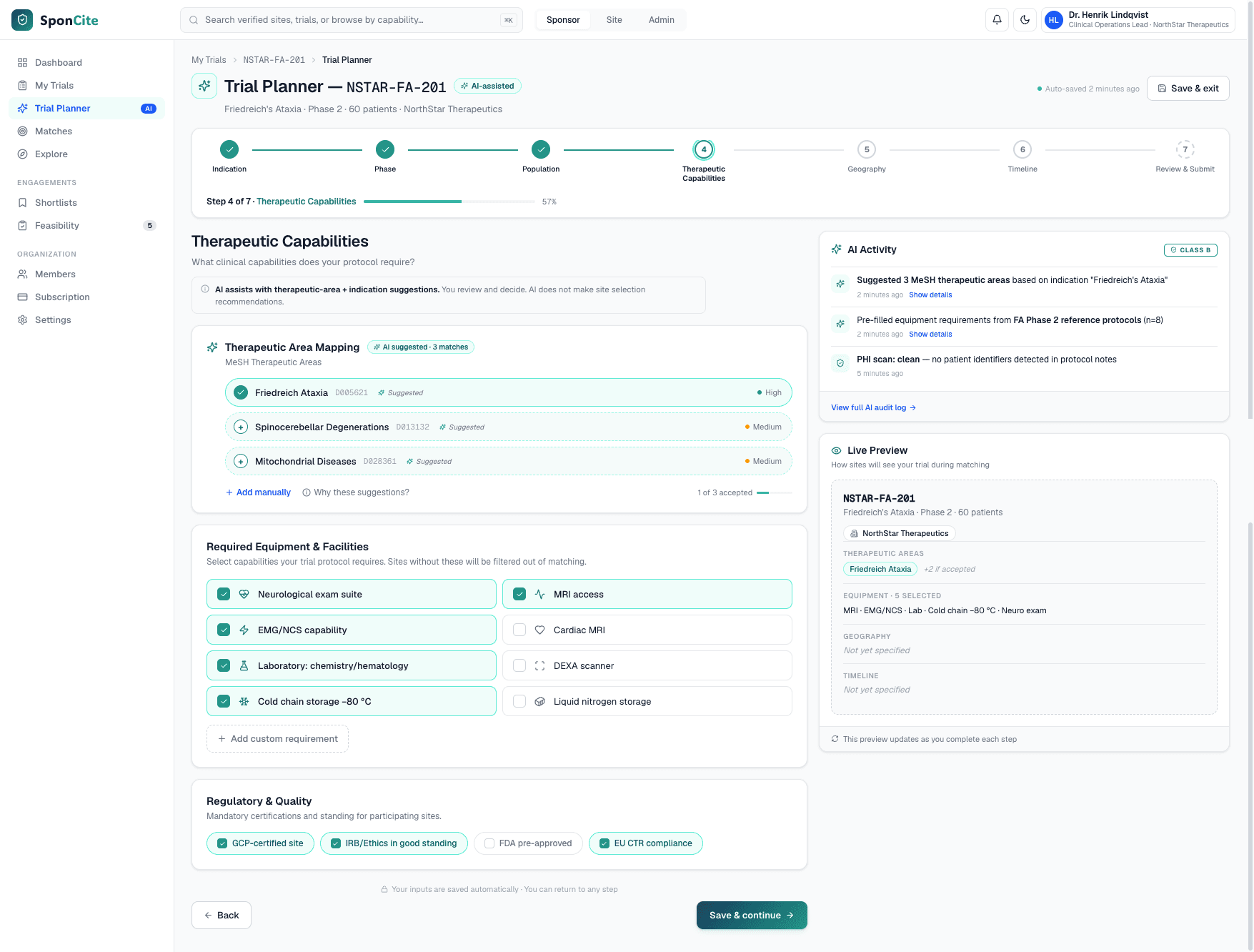 SponCite Sponsor trial planner showing therapeutic capabilities and accountable review steps