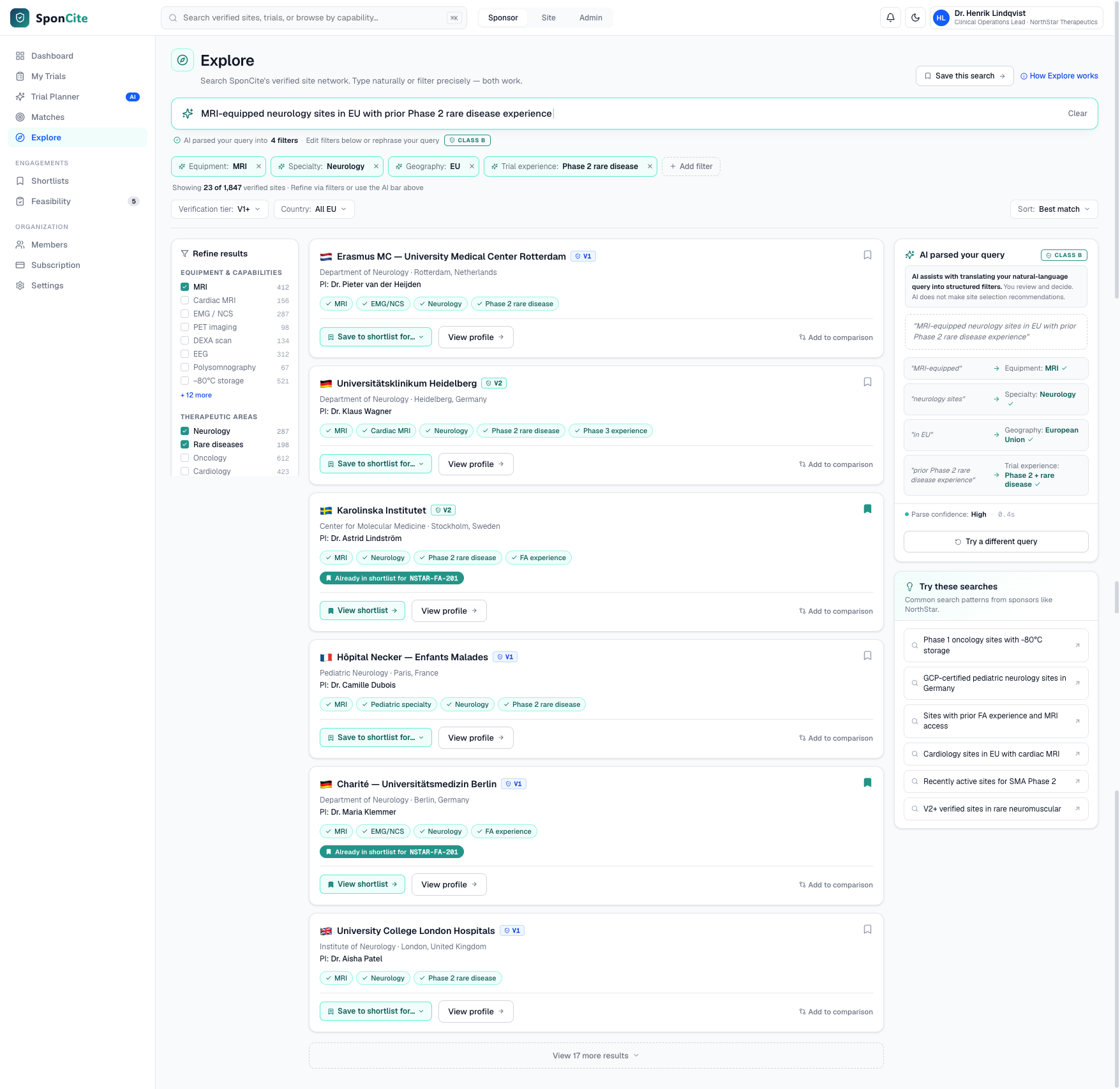 Sponsor search → shortlist SponCite prototype screen
