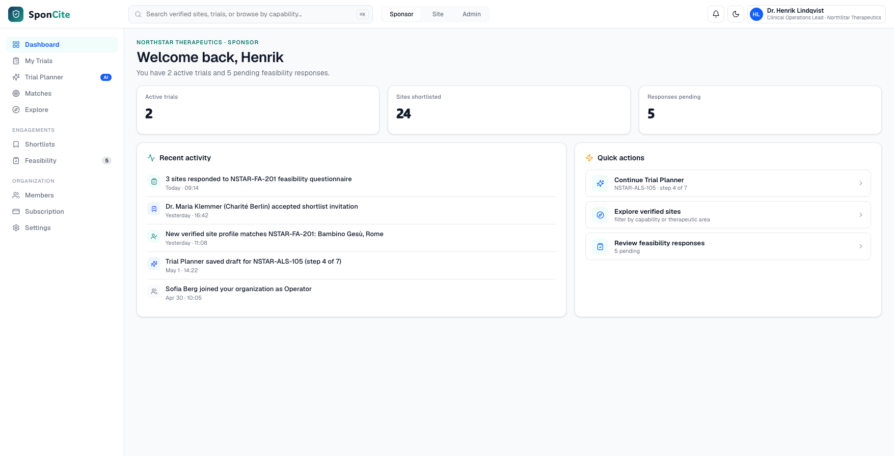 Sponsor Dashboard SponCite prototype screen