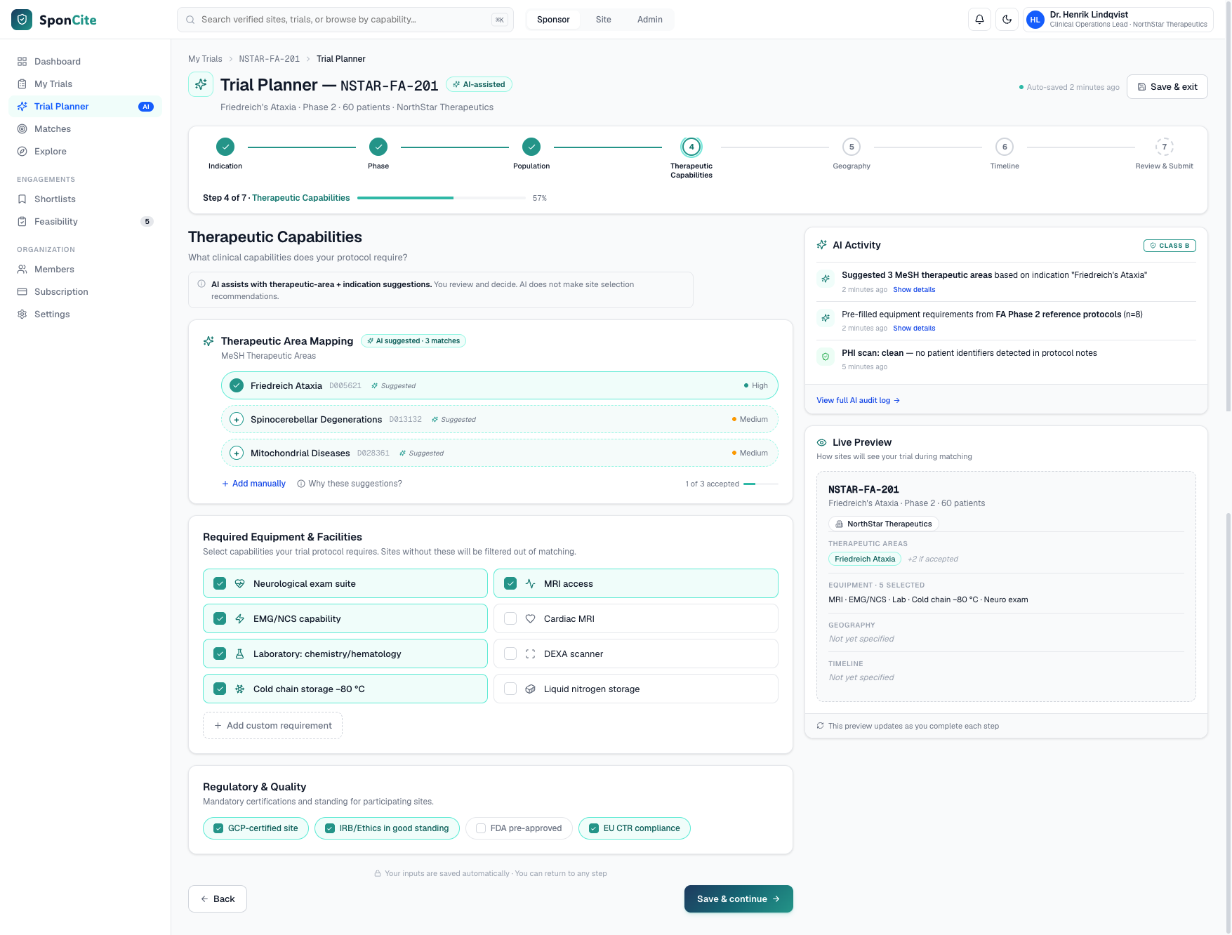 Trial Planner Cascade with AI SponCite prototype screen